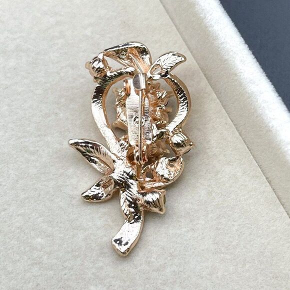 Rose Gold with Dark and Light Blue Sapphire Flower and Leaf Pin Back Brooch - Picture 9 of 10